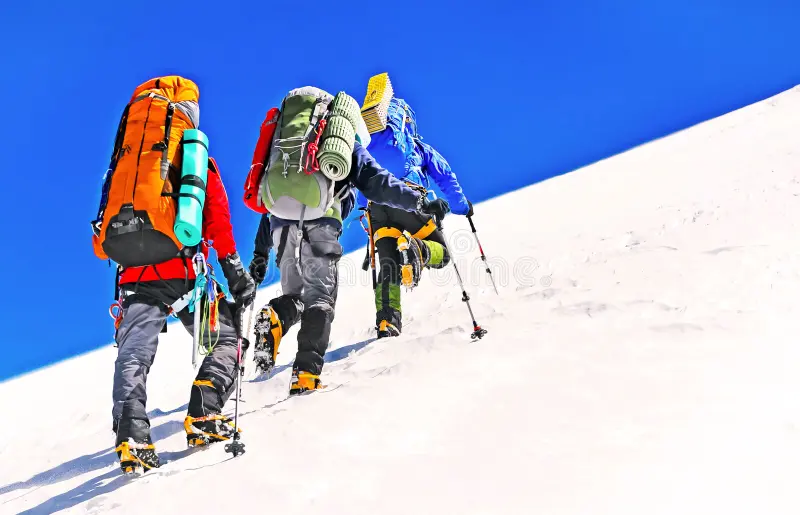 group of climbers, hike in the winter
